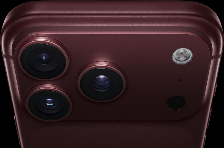 iPhone 18 Pro in Burgundy, partial back exterior angled to show the Pro camera system